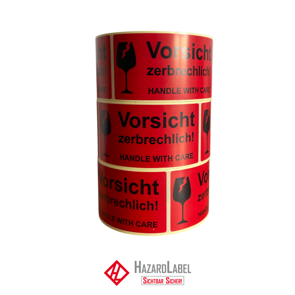 Versandaufkleber Vorischt zerbrechlich, 5x10 cm, zweisprachig rot